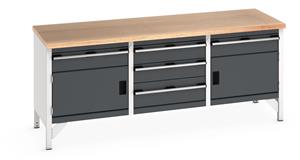 Bott Cubio Storage Workbench 2000mm wide x 750mm Deep x 840mm high supplied with a Multiplex (layered beech ply) worktop, 5 x drawers (1 x 200mm & 4 x 150mm high) and 2 x 350mm high integral storage cupboards.... 2000mm Wide Storage Benches
